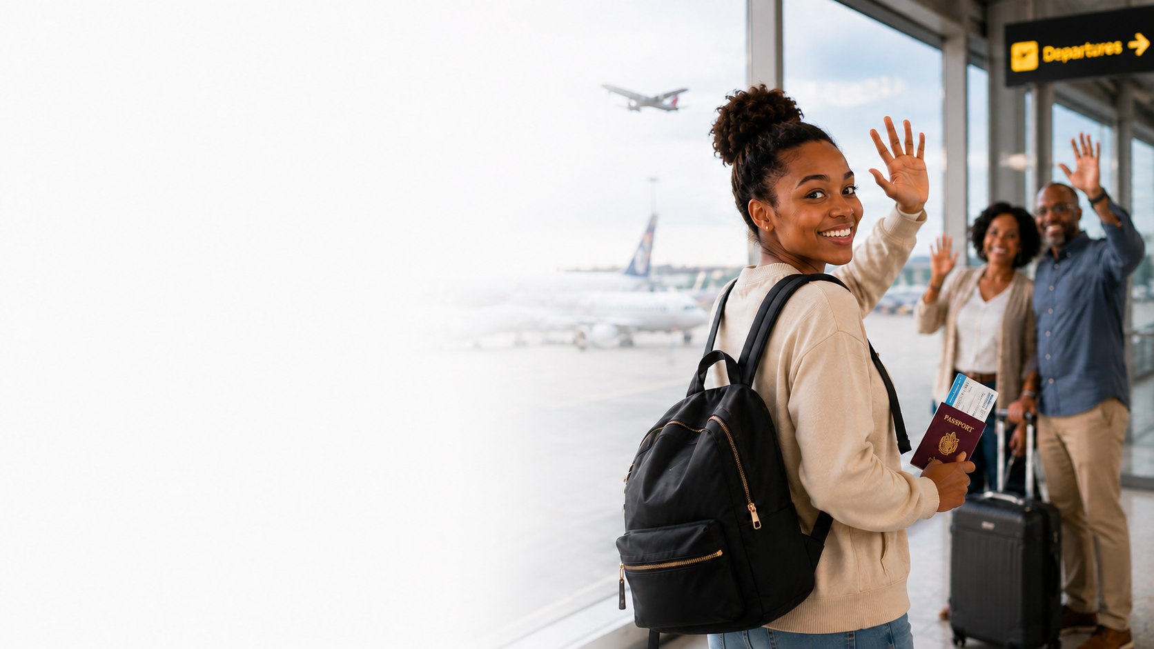 Student departing for university, family waving her off at the airport